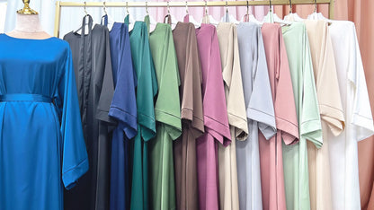 Plain Satin Abaya Dress for Muslim Women, Side Pockets Wide Sleeves, Dubai Turkish Hijabi Islamic Clothing, Modest Robe, Ramadan