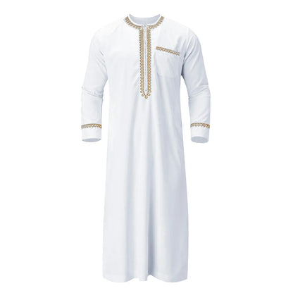 Mens Muslim Robe Arab Middle Robe Long Sleeve Embroidered Pocket Long Abaya Shirt Prayer Muslim Men Clothing