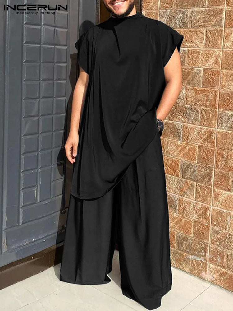 INCERUN Men Sets Muslim Clothing 2023 O-neck Short Sleeve T Shirt & Wide Leg Pants Two Pieces Solid Baggy Men Casual Suits 7