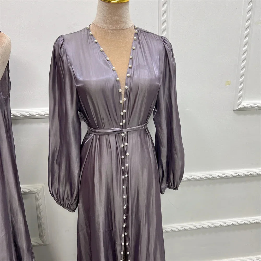 2 Piece Silk Satin Kimono Abaya Under Dress Morocco Muslim Sets Abayas for Women Dubai Arabic Cardigan Kaftan Robe Islam outfits
