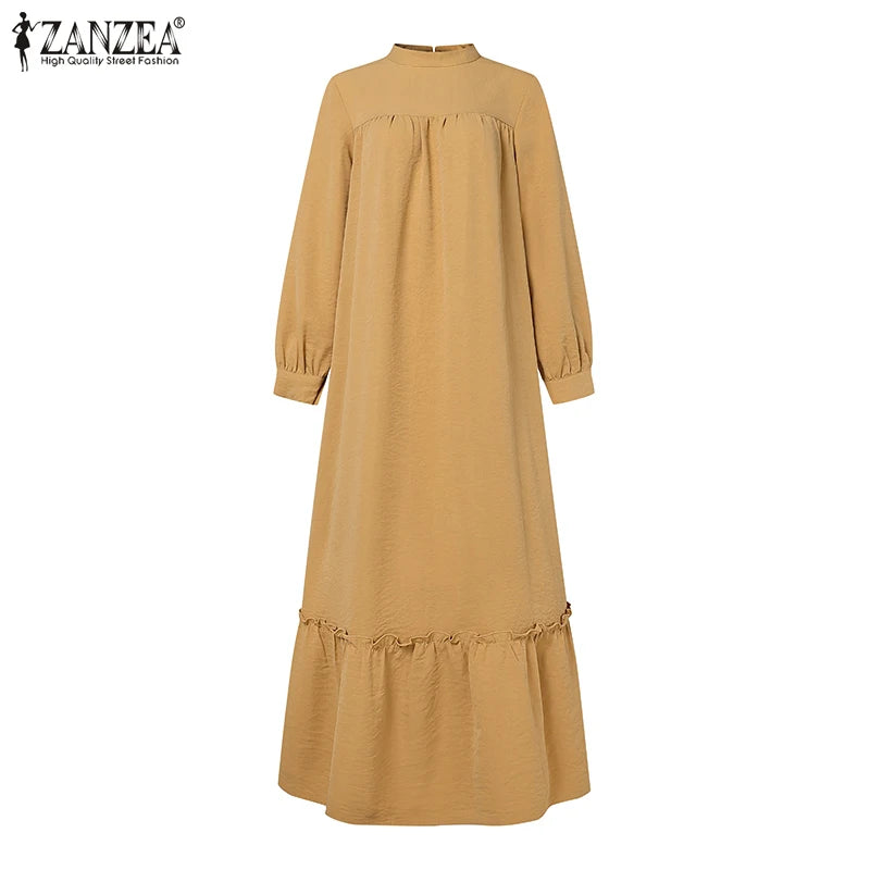 ZANZEA Women Muslim Dress Abaya Autumn Maxi Long Dress Kaftan Dubai Long Vestidos Robe Long Sleeve Solid Ruffles Hem Sundress