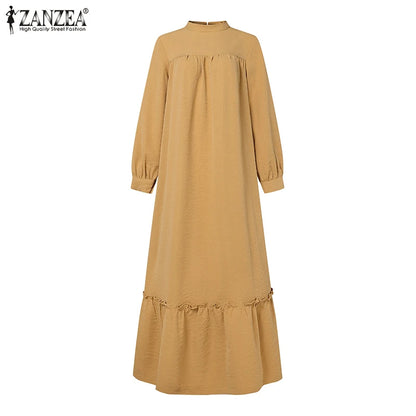 ZANZEA Women Muslim Dress Abaya Autumn Maxi Long Dress Kaftan Dubai Long Vestidos Robe Long Sleeve Solid Ruffles Hem Sundress
