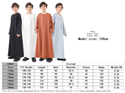 Muslim Saudi Kids Boys Dishdasha Long Sleeve Robe Thobe Dubai Islamic Abaya Middle East Arab Clothing Child Dress Kaftan Caftans