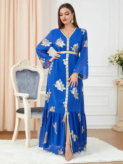 Party Dresses Muslim Abaya Women Dubai 2024 Iron Long Sleeve V-Neck Button Maxi Long Dress Tape Belted Kaftan Split Hem Vestidos