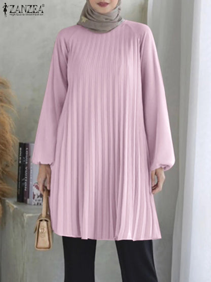 Fashion Women Long Sleeve Pleated Tops ZANZEA Autumn Muslim Blouse Long Shirt Ramadan Abaya Turkey Kaftan Solid IsIamic Clothing
