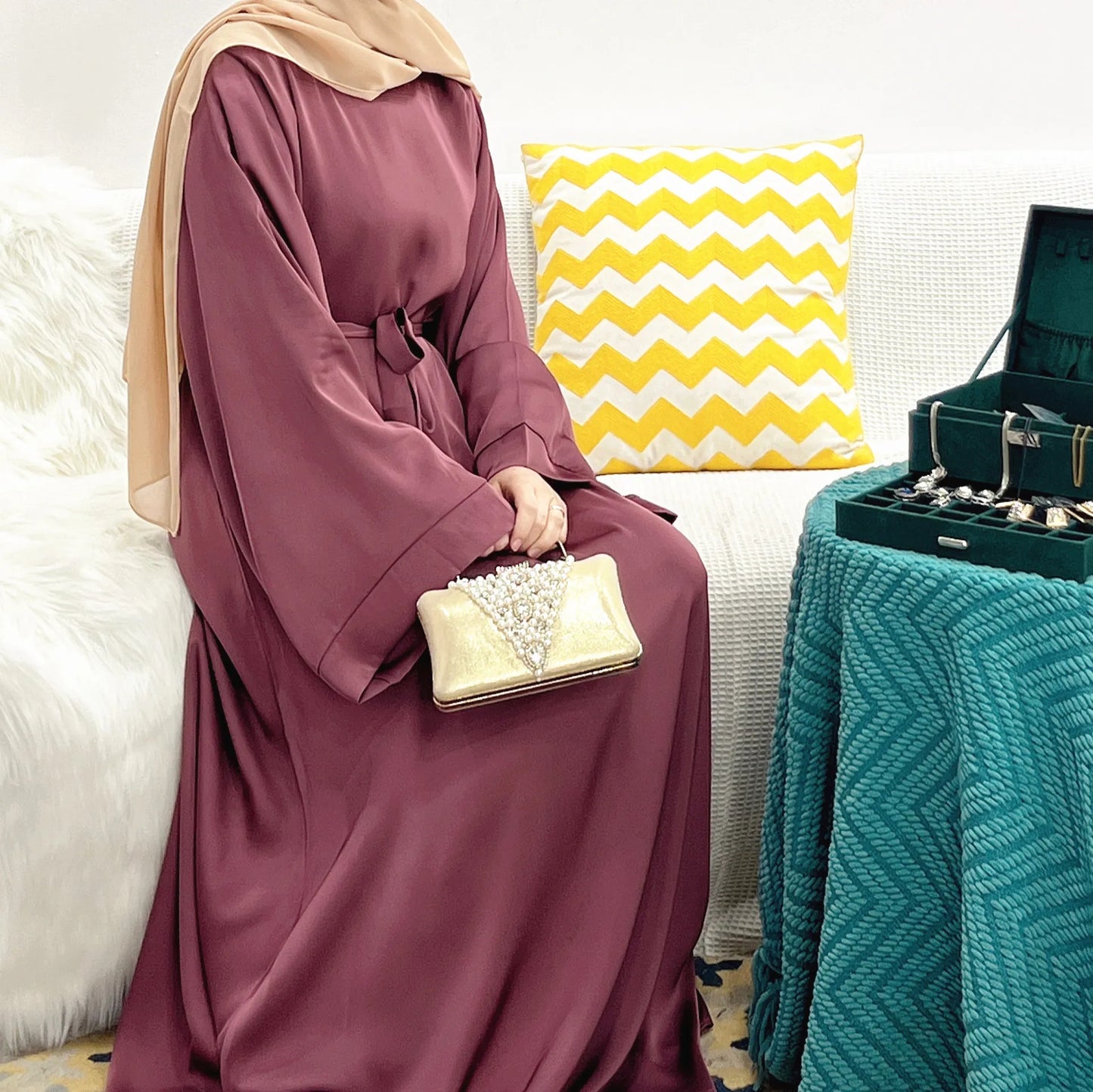 Plain Satin Abaya Dress for Muslim Women, Side Pockets Wide Sleeves, Dubai Turkish Hijabi Islamic Clothing, Modest Robe, Ramadan