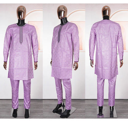New African Clothes for Men Dashiki Tradition Outfit Robe Embroidery Pink Tops Pants Suits Bazin Muslim Wedding Party Clothing