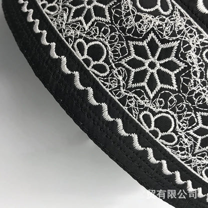 Tax Products Turkey Muslim Men clothing Saudi Prayer Hat Black with White Embroidery Yarmulke Flat Top Hats Jewish Islamic Caps