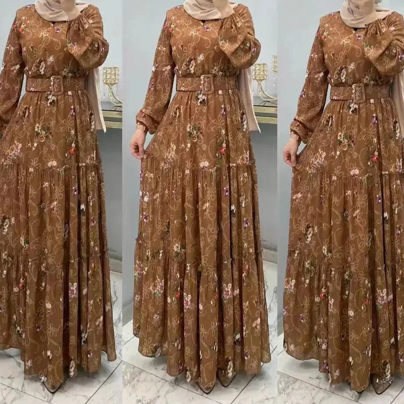 Eid Morocco Dress Women Muslim Abaya Jalabiya Turtleneck Floral Print Belted Dubai Kaftan Robe Vestidos Ramadan Abayas Dresses