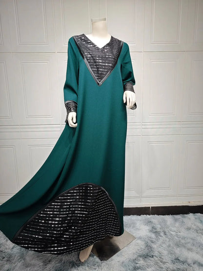 Sequins Abaya Dubai Luxury High Class Dark Green Chiffon Kaftan Party Ladies Long Sleeves Muslim Girl Dress