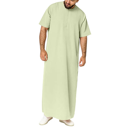 New 2025 Men Islamic Arabic Kaftan Vintage Solid Short Sleeve Loose Retro Robes Abaya Dubai Middle East Muslim Clothing S-5XL
