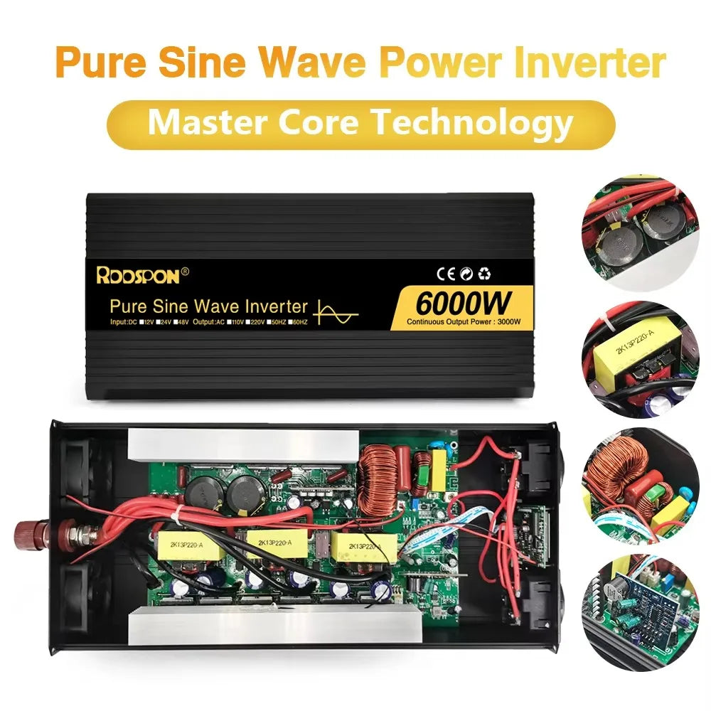 RDDSPON  Pure Sine Wave Inverters 4000W 5000W 6000W  Double EU SocketDC 12V 24V 48V to AC 110V 220V,50Hz,60Hz  Voltage Converter