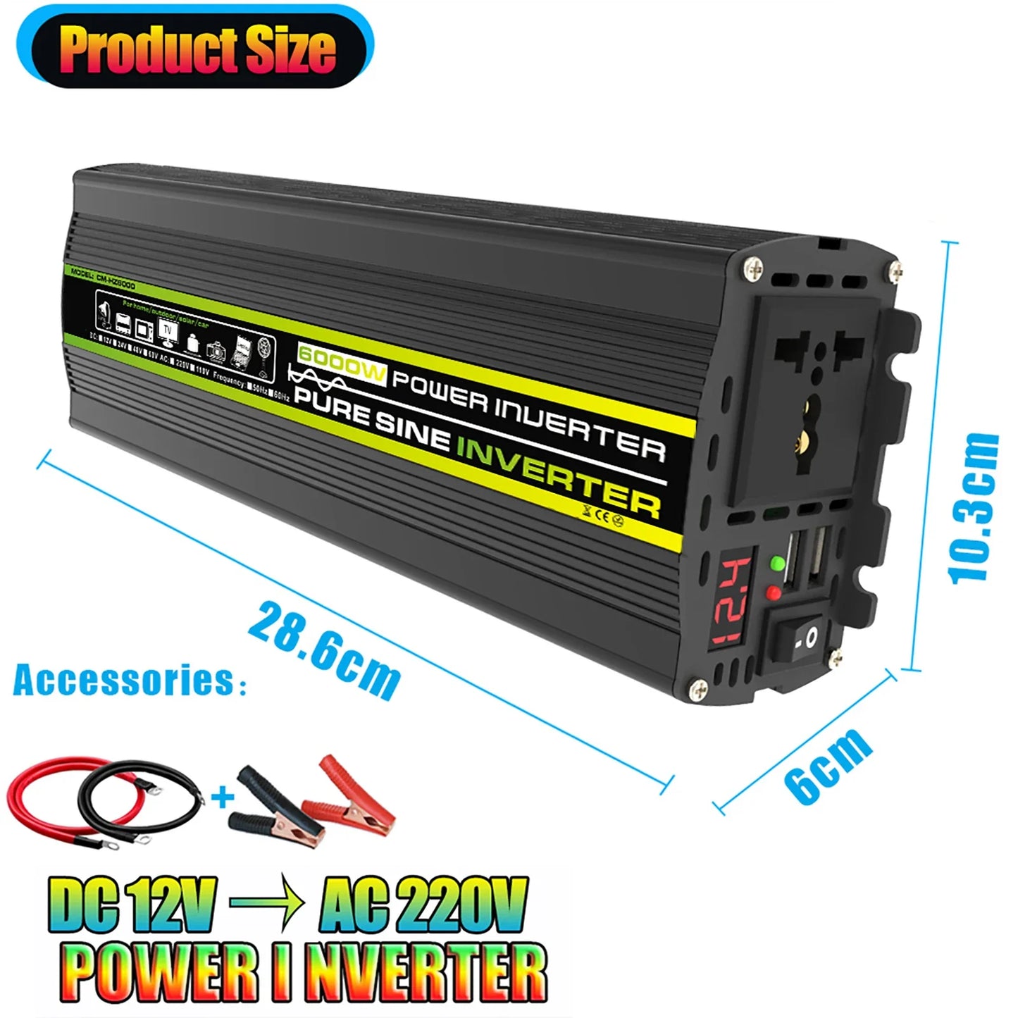 3000W-8000W Pure Sine Wave Power Inverter Voltage Transformer Intelligent Digital Display Car Home DC12V to AC 220V Converter
