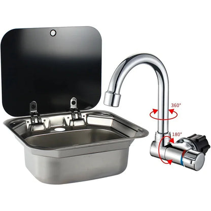 Caravan Camping Stainless Steel Hand Wash Basin Sink with Tempered Glass Lid Camper Accessories RV Stainless Steel Covered Sink