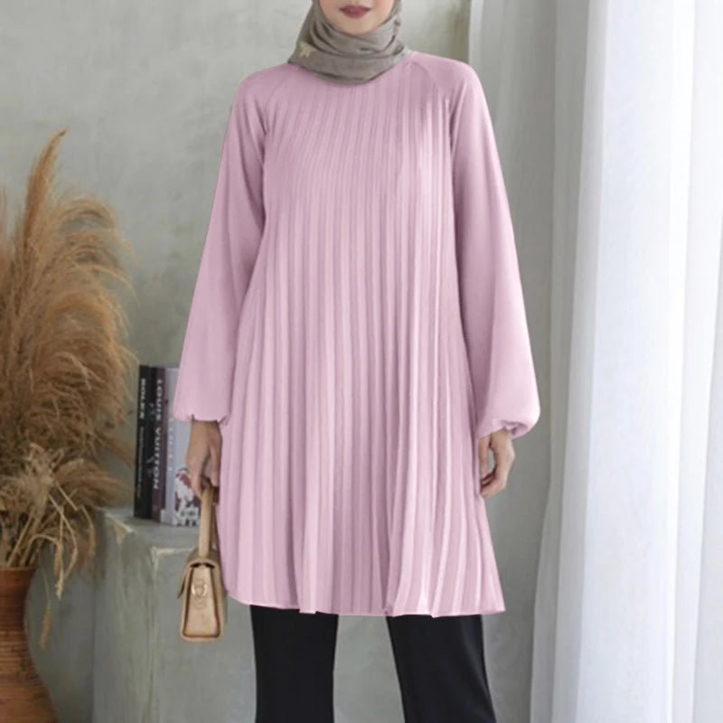 Fashion Women Long Sleeve Pleated Tops ZANZEA Autumn Muslim Blouse Long Shirt Ramadan Abaya Turkey Kaftan Solid IsIamic Clothing