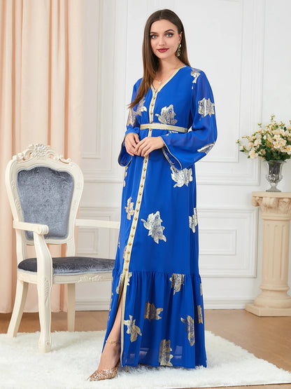 Party Dresses Muslim Abaya Women Dubai 2024 Iron Long Sleeve V-Neck Button Maxi Long Dress Tape Belted Kaftan Split Hem Vestidos
