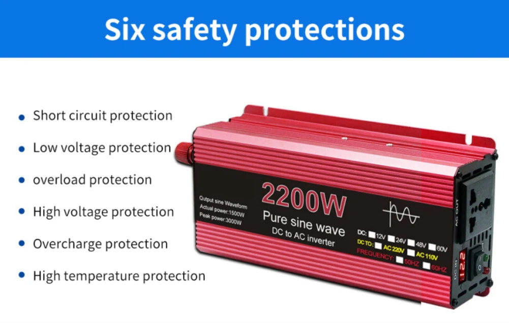 Pure Sine Wave Inverter DC 12V/24V To AC 110V/220V 1000W 1600W 2000W 2200W Portable Power Bank Converter Solar Inverter