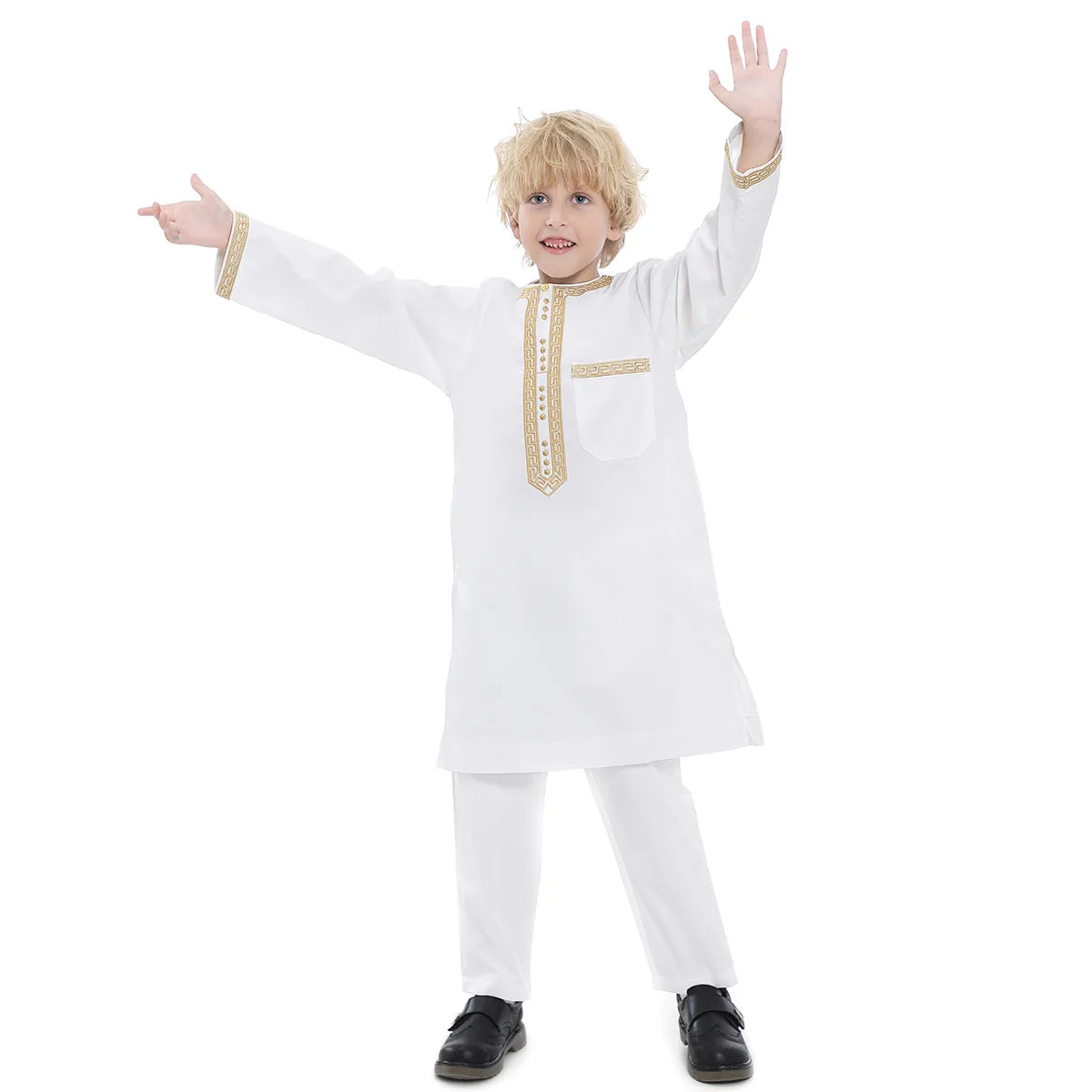 2025 Muslim Children Robe 2pc Set Long Sleeve Embroidery Dress Shirt+Pants Boys Fashion Abaya Kaftan Thobe Kids Islamic Clothing