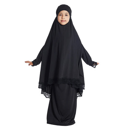 2Pcs Traditional Muslim Kids Girls Abaya Eid Hooded Overhead Hijab Burqa Maxi Skirt Sets Turkey Dubai Kaftan Prayer Garment Gown