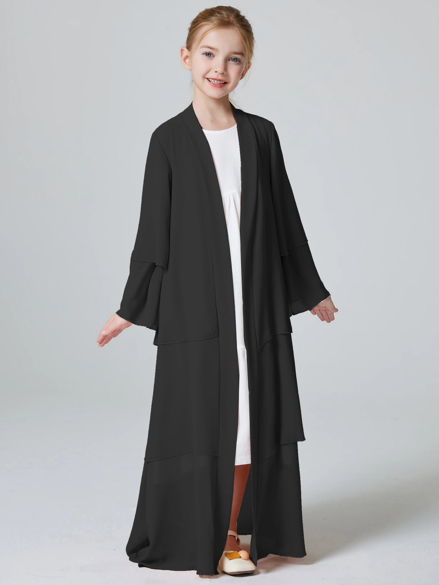 Ramadan Kebaya Muslim Girls Abaya 3 Layered Chiffon Kids Abaya Dress Open Front   Outerwear (Without Hijab)