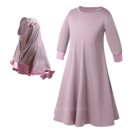 Muslim traditional clothing Islamic robe kids baby girls richer Saudi Arab Dubai solid abaya kaftan with ruffle bow hijab dress