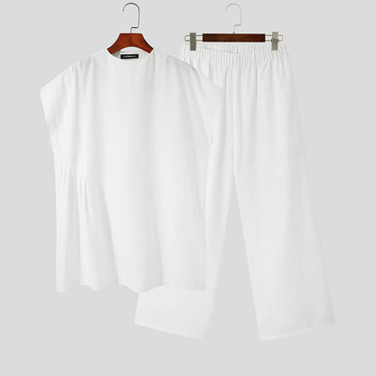 INCERUN Men Sets Muslim Clothing 2023 O-neck Short Sleeve T Shirt & Wide Leg Pants Two Pieces Solid Baggy Men Casual Suits 7