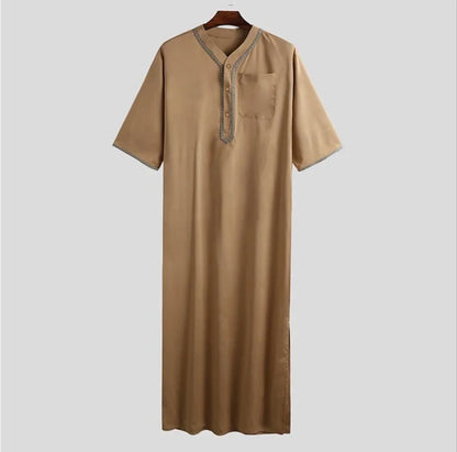 New 2025 Men Islamic Arabic Kaftan Vintage Solid Short Sleeve Loose Retro Robes Abaya Dubai Middle East Muslim Clothing S-5XL