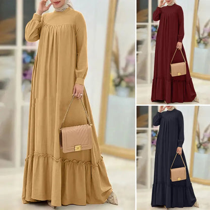 ZANZEA Women Muslim Dress Abaya Autumn Maxi Long Dress Kaftan Dubai Long Vestidos Robe Long Sleeve Solid Ruffles Hem Sundress