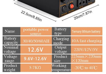 12V Lithium Battery Inverter AC220V 500W Rechargeable Battery Solar Energy Storage Backup Outdoor Battery Pack Sine Wave 50~60HZ
