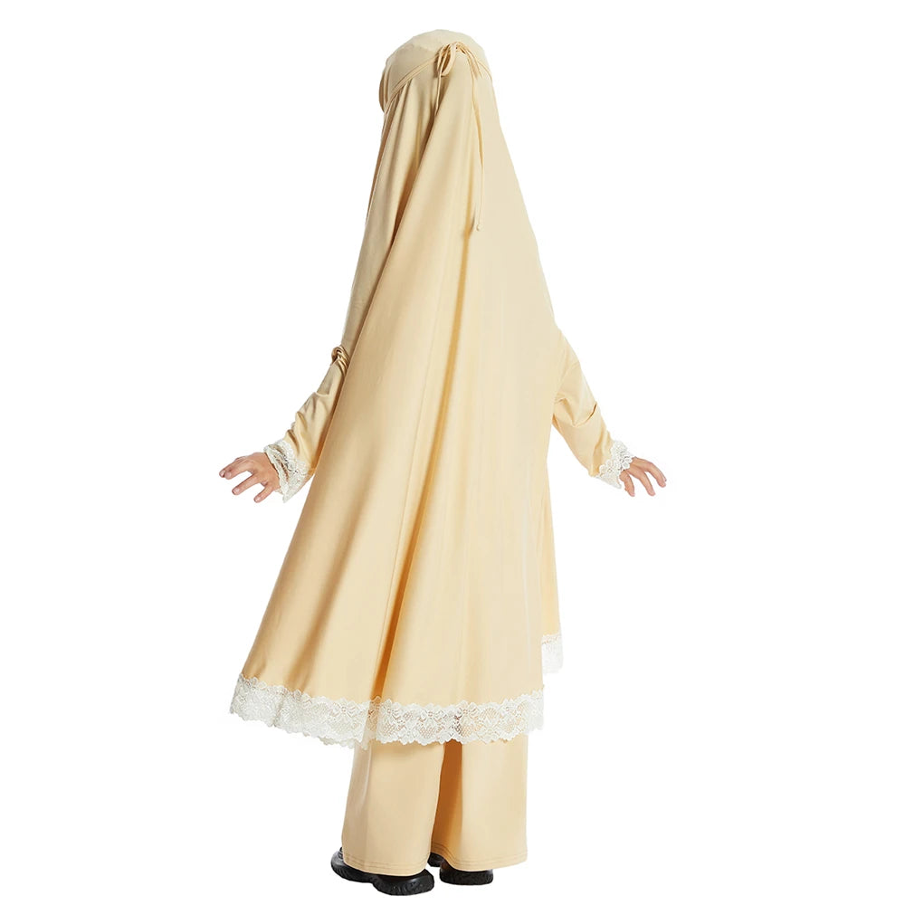 2Pcs Traditional Muslim Kids Girls Abaya Eid Hooded Overhead Hijab Burqa Maxi Skirt Sets Turkey Dubai Kaftan Prayer Garment Gown
