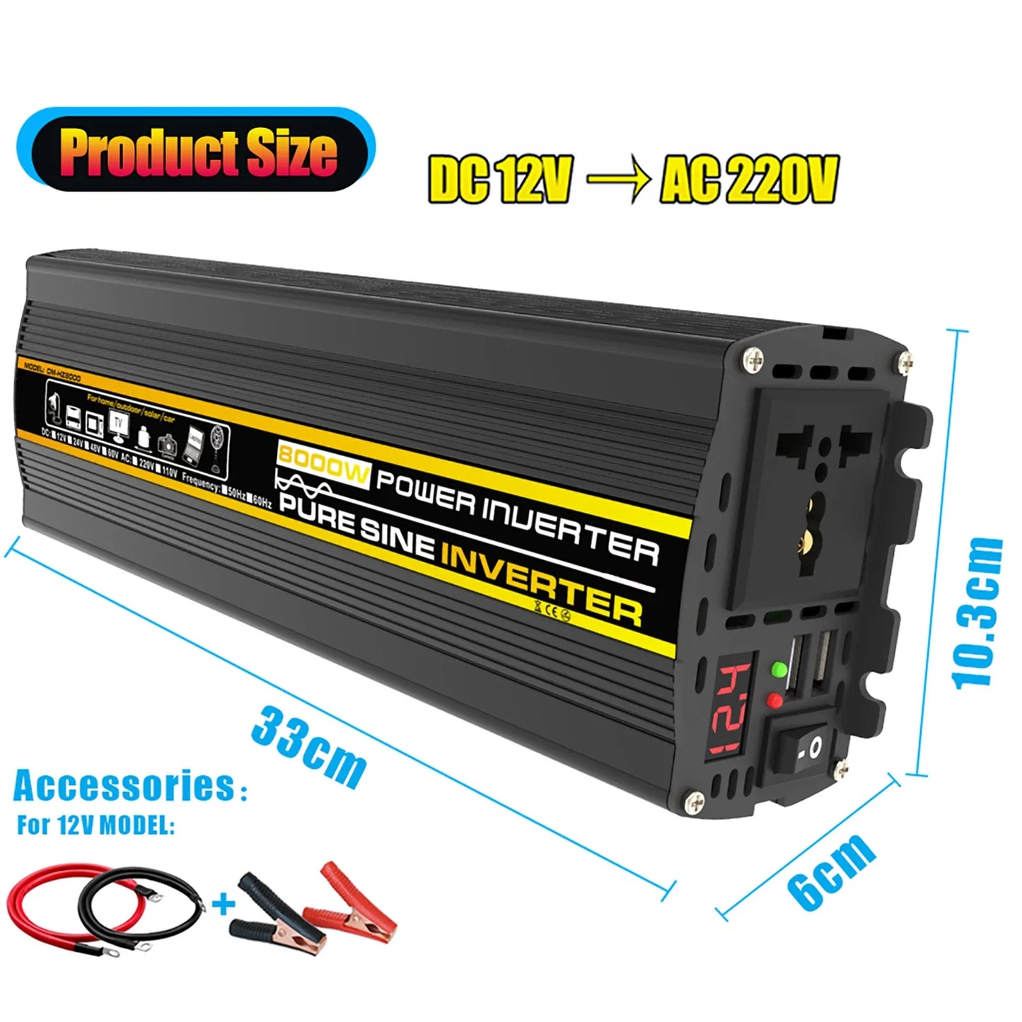 3000W-8000W Pure Sine Wave Power Inverter Voltage Transformer Intelligent Digital Display Car Home DC12V to AC 220V Converter