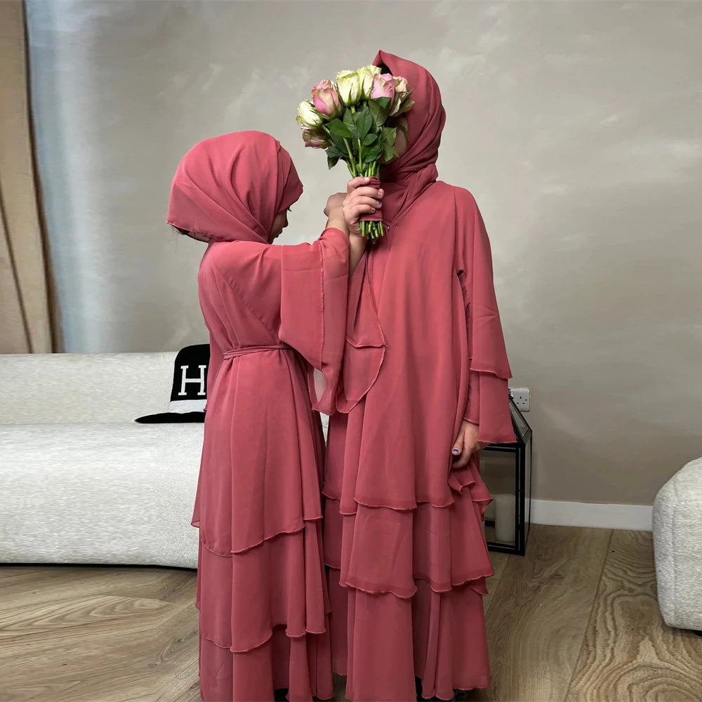 Summer Modest Kaftan Hijab Dresses For Women Kids Open Chiffon Khimar Kimono Abaya Dubai Luxury Muslim Sets Islam Kebaya Damen