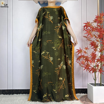Muslim Abayas For Women 2023 New Fashion Printed Silk Soft Loose Femme Elegant Robe African Maxi Party Dresses With Belt Turban