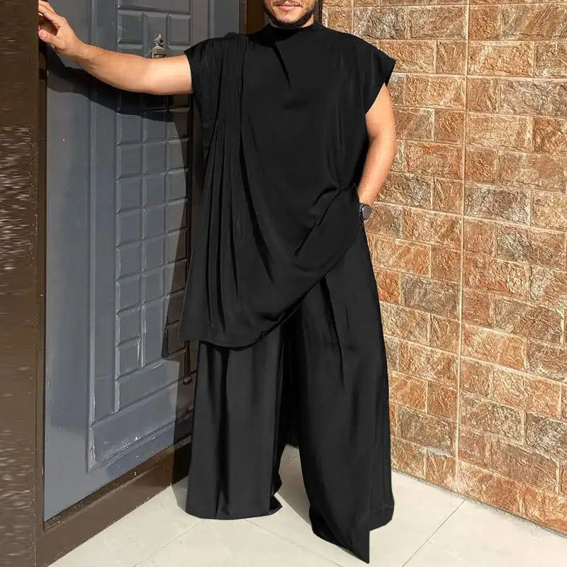 INCERUN Men Sets Muslim Clothing 2023 O-neck Short Sleeve T Shirt & Wide Leg Pants Two Pieces Solid Baggy Men Casual Suits 7