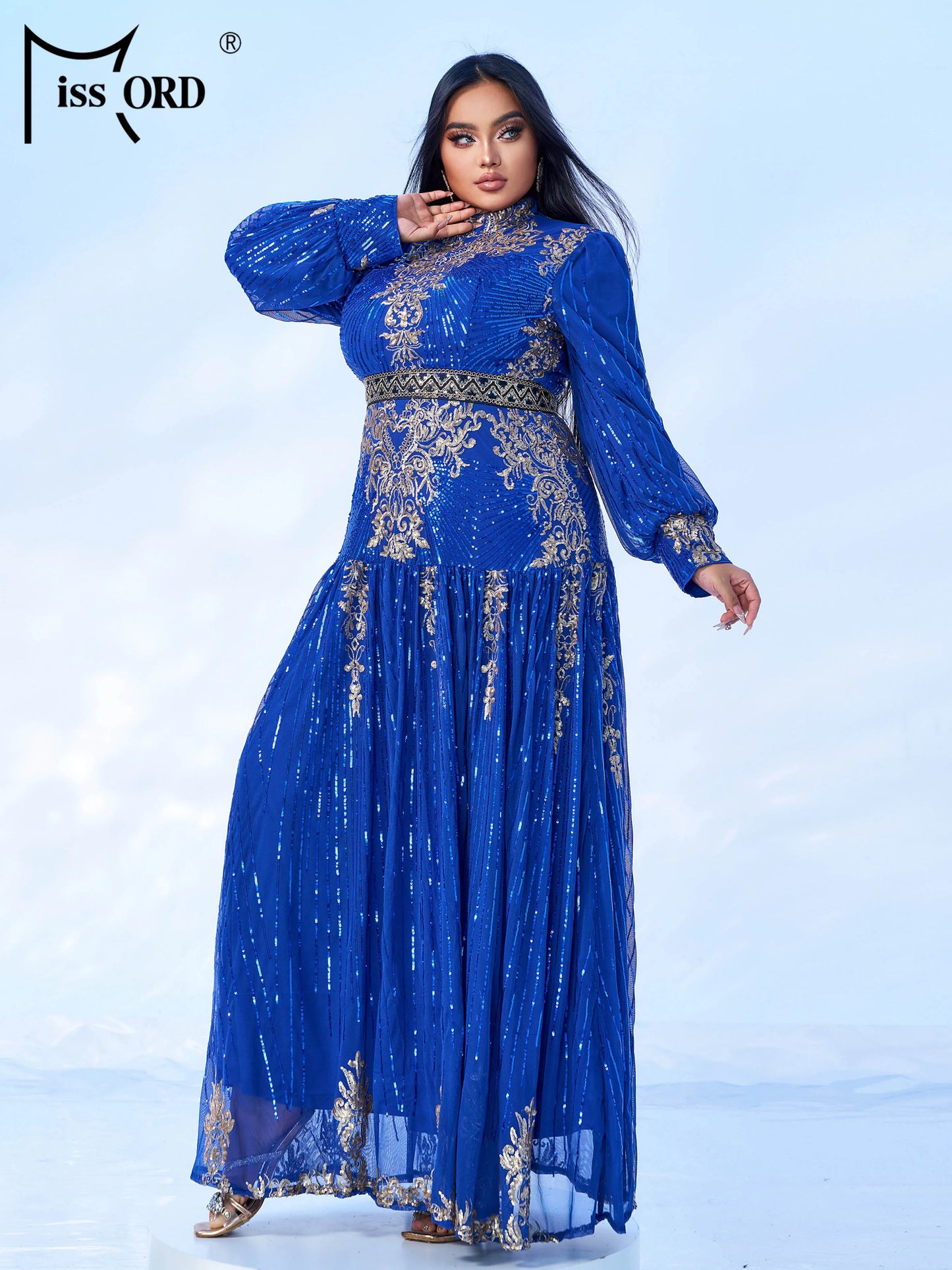 Missord New Blue Plus Size Muslim Round Neck Long Sleeved A Line Gown Evening Women Wedding Birthday Party Large Maxi Dress