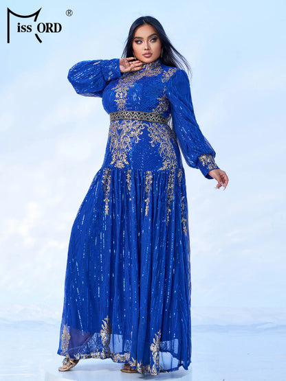 Missord New Blue Plus Size Muslim Round Neck Long Sleeved A Line Gown Evening Women Wedding Birthday Party Large Maxi Dress