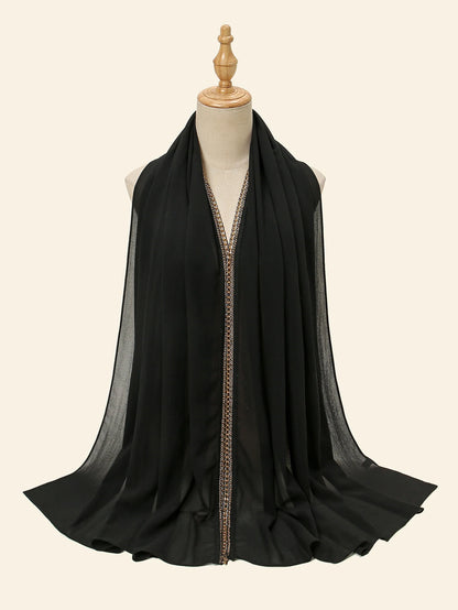 New Muslim Bubble Chiffon Hijab Shawls With Chain Luxury Diamond Jewelry HeadWrap Islamic Ramadan Hijabs Scarves Lady Headscarf