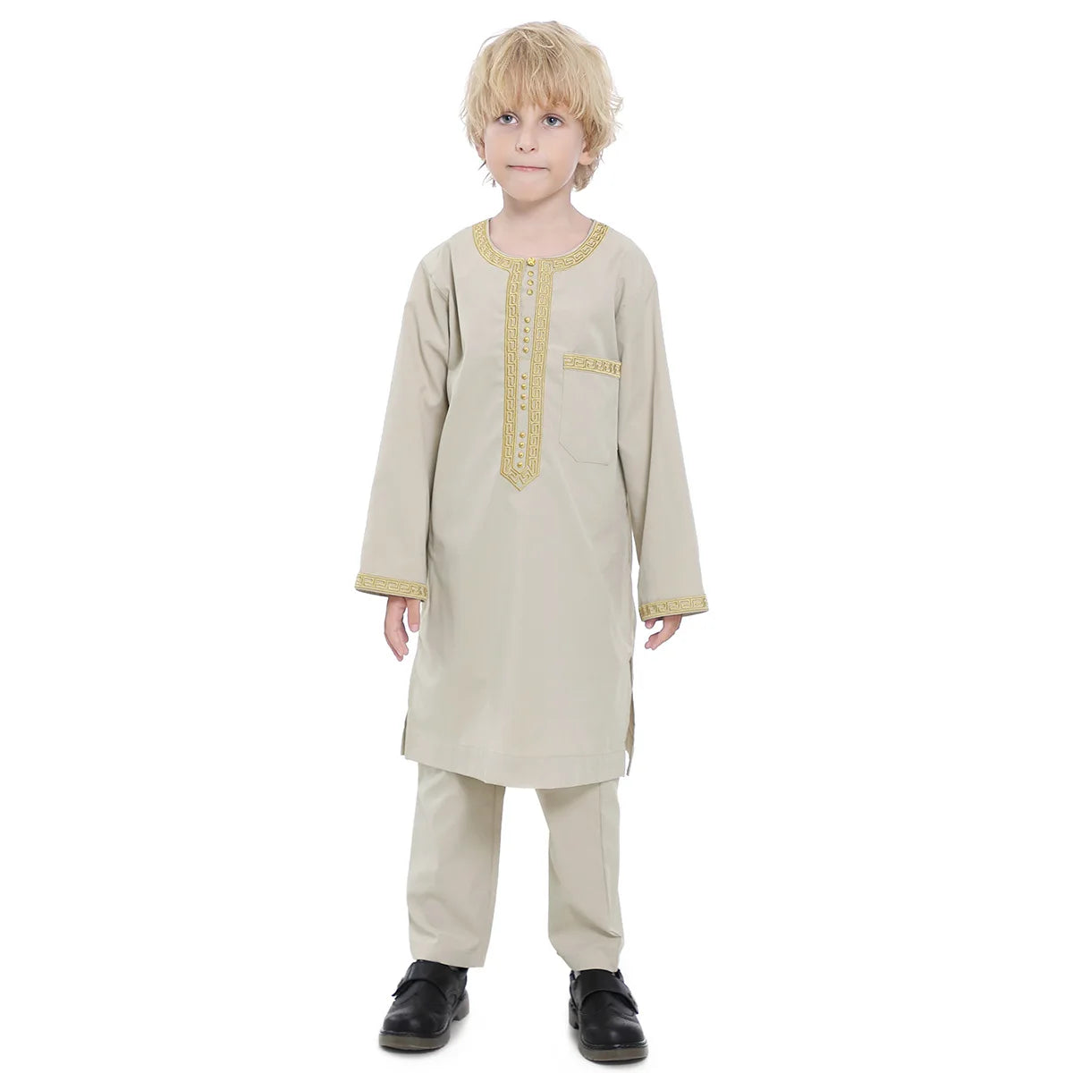 2025 Muslim Kids Jubba Thobe Arab Boy Thobe Children Abaya Ramadan Dress Pant Set 2 Piece Caftan Robe Kaftan Musulman Ensembles