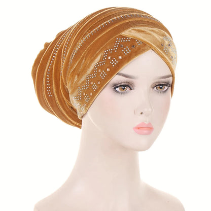 Glitter Diamonds Pleated Turban Cap Women Soft Velvet Head Wraps Caps Muslim Headscarf Bonnet Female Beanie Pullover Cap