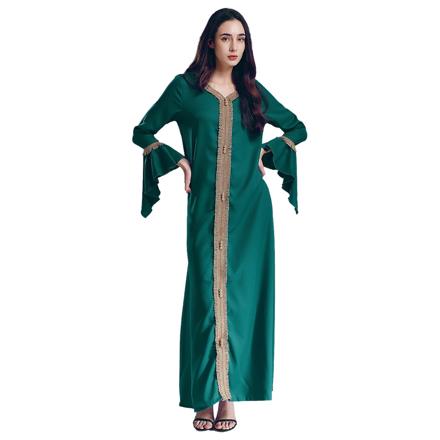 Elegant Womens Muslim Abaya Floor Length Robe V Neck Flared Sleeve Dress Halloween Witch Masquerade Gown Role Play Theme Party