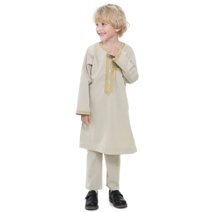 2025 Muslim Children Robe 2pc Set Long Sleeve Embroidery Dress Shirt+Pants Boys Fashion Abaya Kaftan Thobe Kids Islamic Clothing