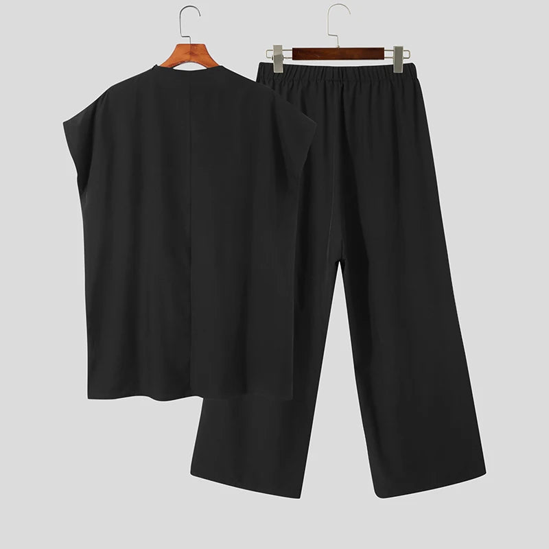 INCERUN Men Sets Muslim Clothing 2023 O-neck Short Sleeve T Shirt & Wide Leg Pants Two Pieces Solid Baggy Men Casual Suits 7