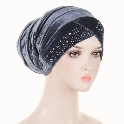 Glitter Diamonds Pleated Turban Cap Women Soft Velvet Head Wraps Caps Muslim Headscarf Bonnet Female Beanie Pullover Cap