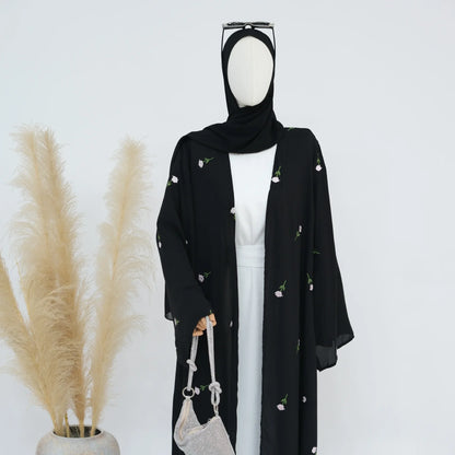 Flower Open Abaya Kimono Embroidery Muslim Abayas for Women Dubai Luxury Turkey Kaftan Hijab Robe Ramadan Eid Islamic Clothing