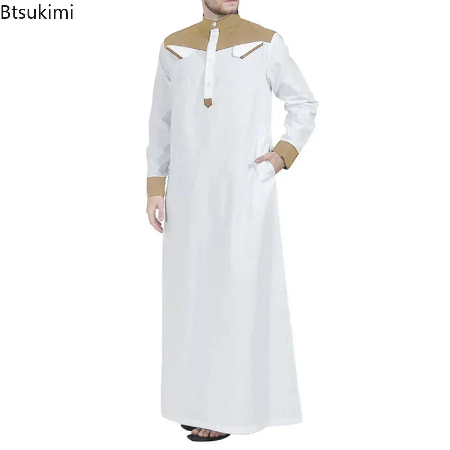 2025 Muslim Thobe Comfortable Men Caftan Long Sleeve Contrast Color Muslim Clothing Mandarin Neck Muslim Robe for Middle East