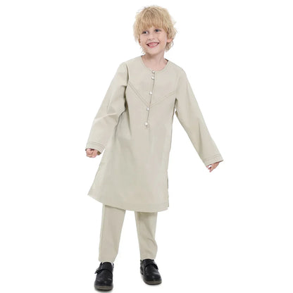 2025 Muslim Kids Jubba Thobe Arab Boy Thobe Children Abaya Ramadan Dress Pant Set 2 Piece Caftan Robe Kaftan Musulman Ensembles