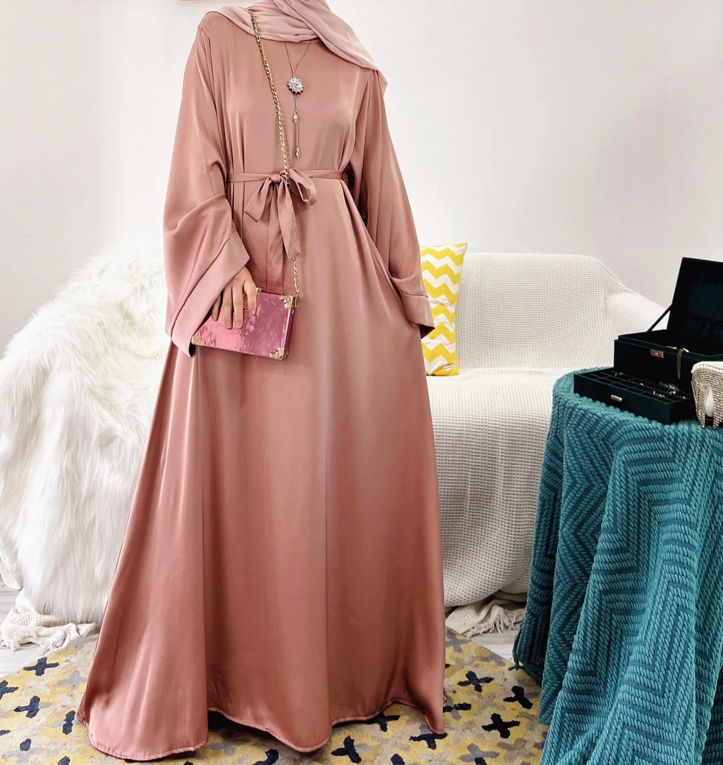 Plain Satin Abaya Dress for Muslim Women, Side Pockets Wide Sleeves, Dubai Turkish Hijabi Islamic Clothing, Modest Robe, Ramadan