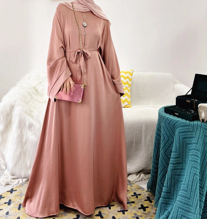 Plain Satin Abaya Dress for Muslim Women, Side Pockets Wide Sleeves, Dubai Turkish Hijabi Islamic Clothing, Modest Robe, Ramadan