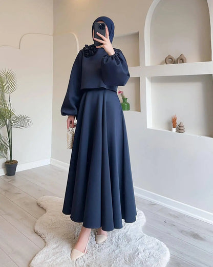 2  Piece Muslim Sets Women Middle East Dubai Flower Lantern Sleeve Tops Skirts Set Dress Kimono Kaftan 2pc Ramadan Islam Clothes