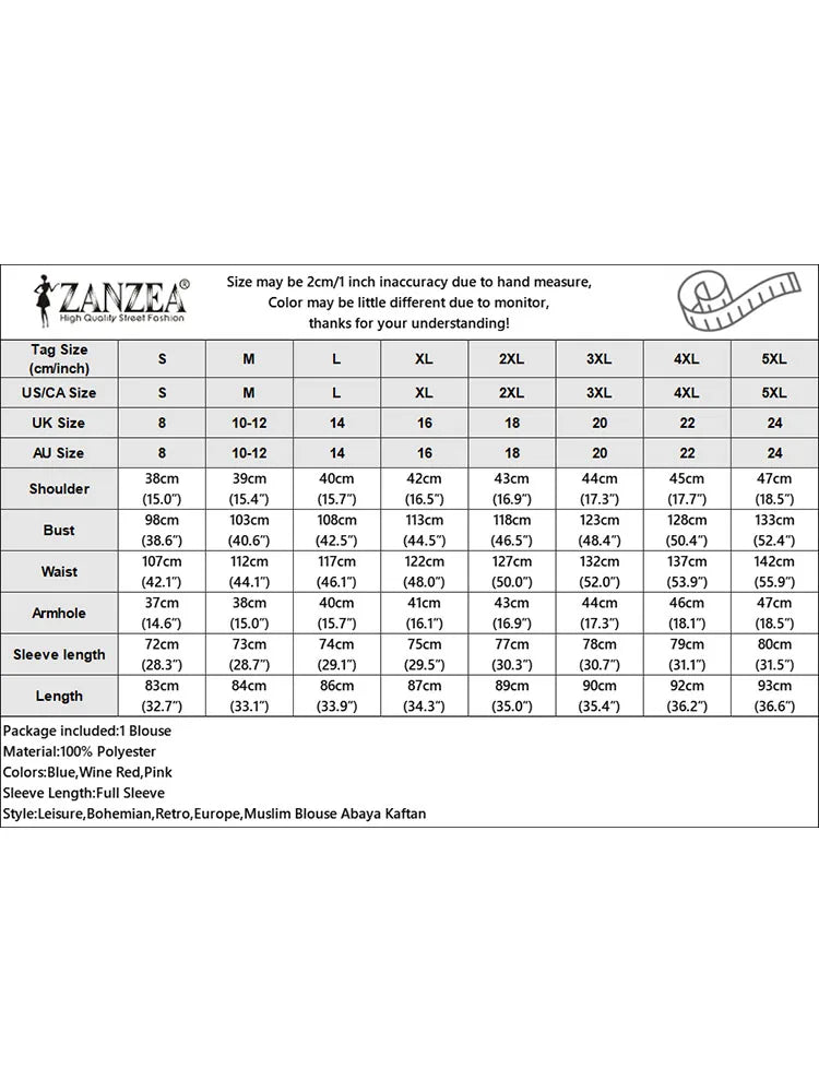 Fashion Women Long Sleeve Pleated Tops ZANZEA Autumn Muslim Blouse Long Shirt Ramadan Abaya Turkey Kaftan Solid IsIamic Clothing